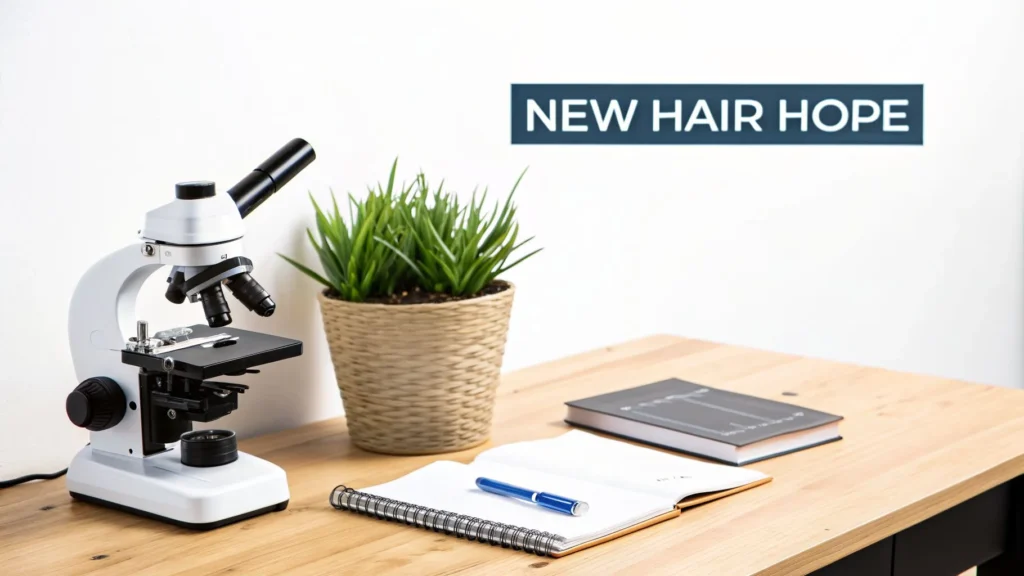 Microscope on desk with notebook and plant under text “New Hair Hope,” illustrating scientific research and breakthrough treatments for hair growth and scalp health.