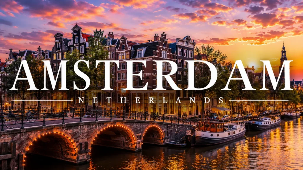 Amsterdam at sunset with historic canal houses, illuminated bridges, boats, bicycles, and colorful reflections.