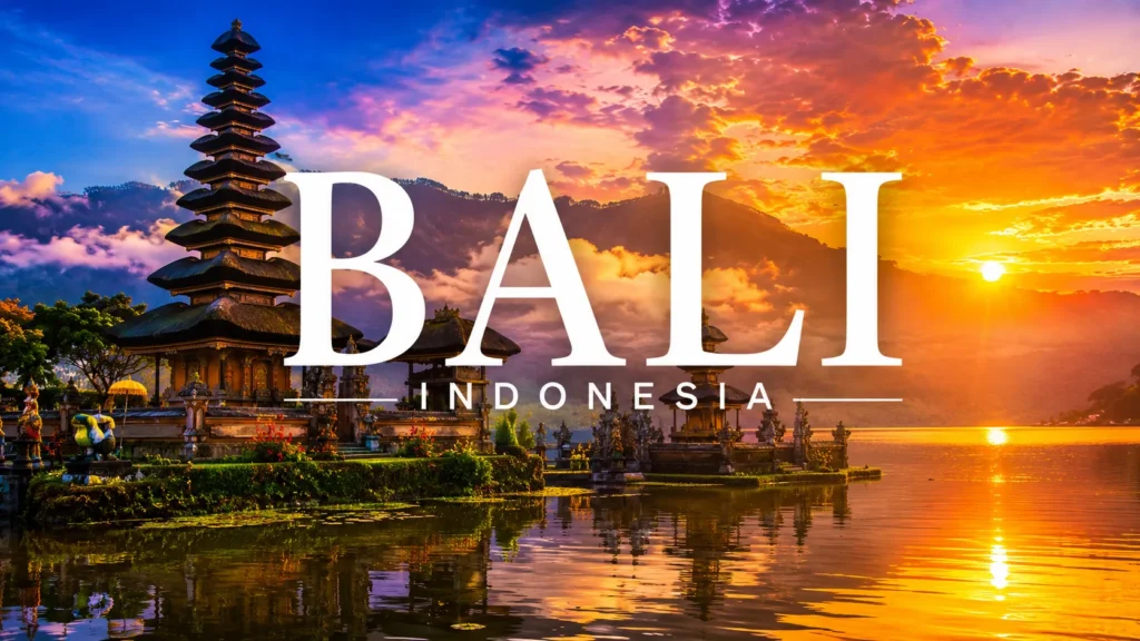 Bali temple at sunset with a tranquil lake, mountain backdrop, colorful sky, and traditional Indonesian architecture.