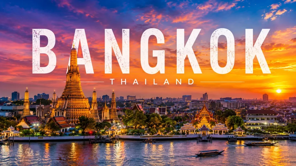 Bangkok skyline at sunset with Wat Arun, Chao Phraya River, traditional temples, and colorful evening sky.