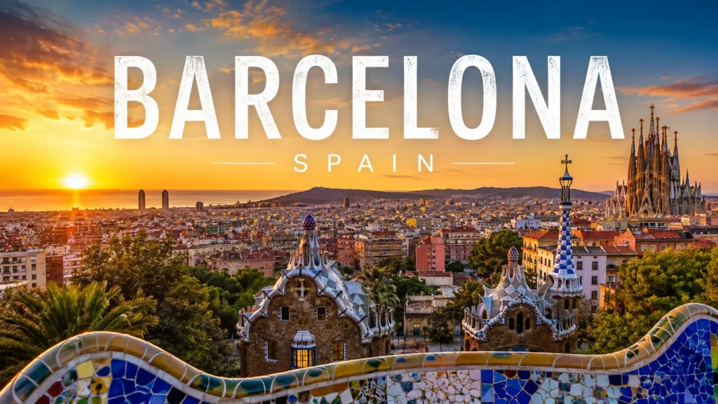 Barcelona sunset skyline with Park Güell, Sagrada Família, Mediterranean coast, and colorful mosaic architecture.