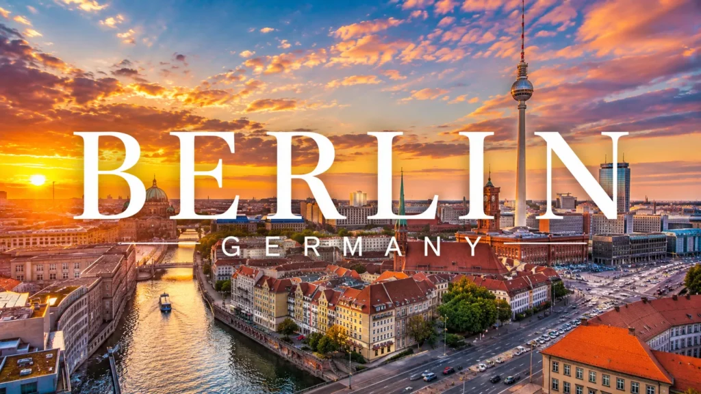 Berlin skyline at sunset with the TV Tower, Spree River, historic buildings, and colorful cityscape.