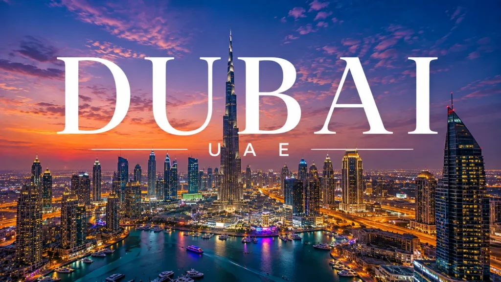 Dubai skyline at sunset featuring Burj Khalifa, illuminated skyscrapers, waterways, and vibrant city lights.