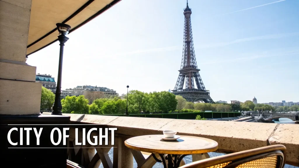 View of the Eiffel Tower in Paris from a balcony café with a small table and coffee cup overlooking the Seine, labeled “City of Light.”