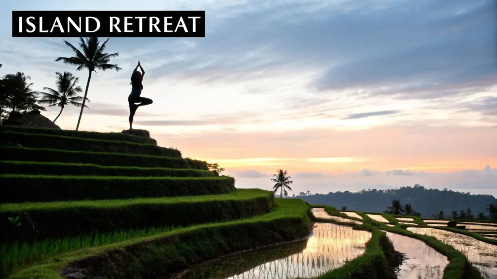Silhouette of a person practicing yoga on terraced rice fields at sunset with palm trees and reflective water paddies, labeled “Island Retreat.”