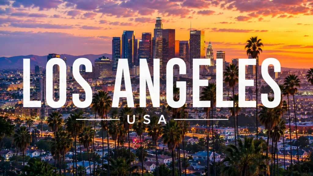 Los Angeles skyline at sunset with downtown skyscrapers, palm trees, glowing streets, and colorful evening sky.