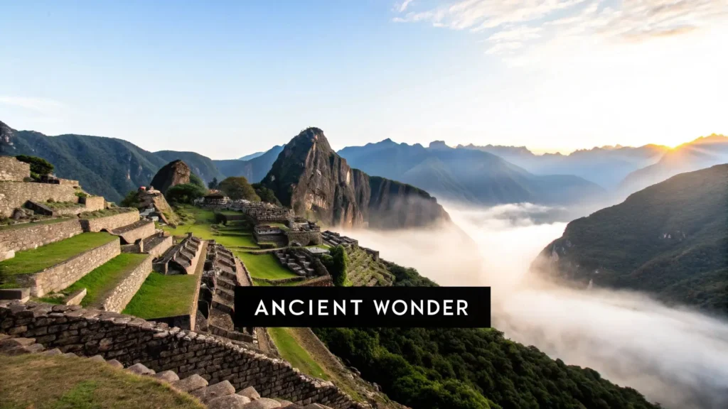 Sunrise view of Machu Picchu in Peru with ancient stone terraces overlooking mist-filled valleys and mountain peaks, labeled “Ancient Wonder.”
