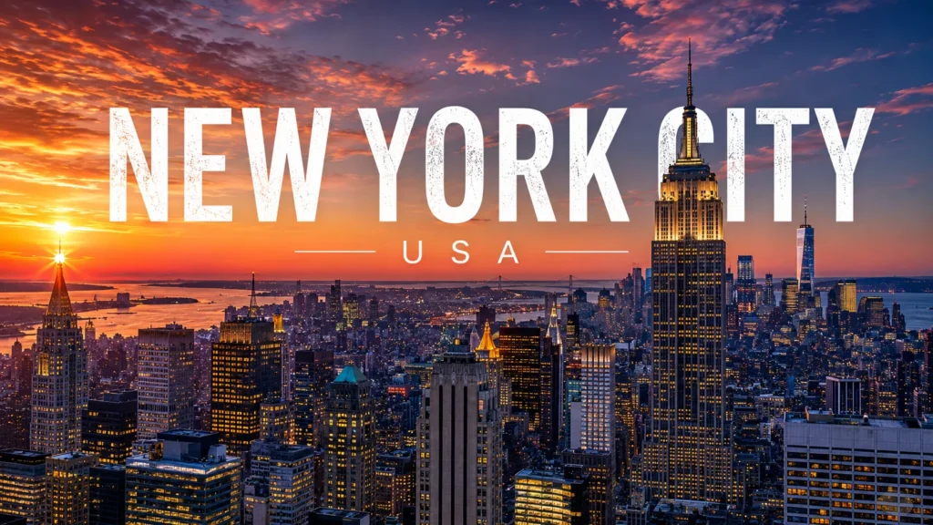 New York City skyline at sunset featuring the Empire State Building, skyscrapers, and glowing city lights.