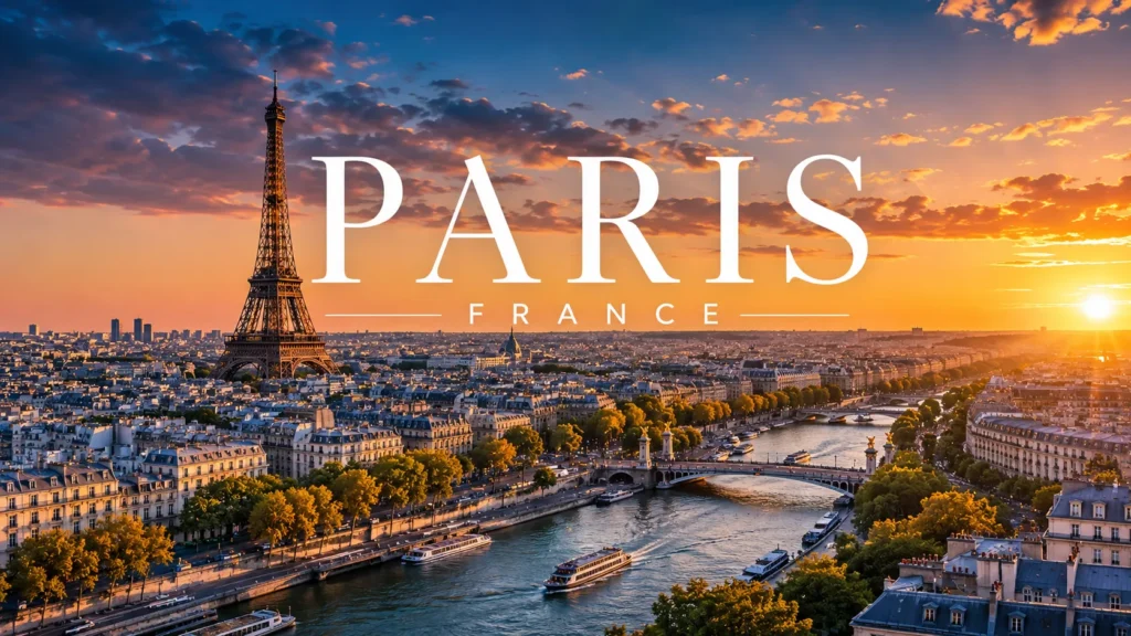 Paris at sunset with the Eiffel Tower, Seine River, bridges, boats, and historic city skyline.