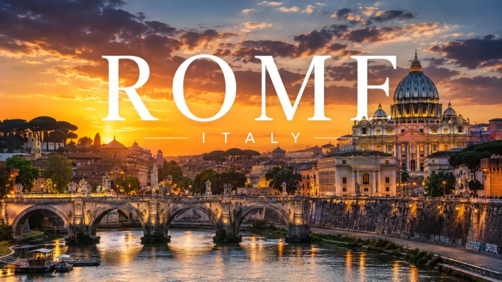 Rome at sunset with St. Peter’s Basilica, Tiber River, historic bridge, and glowing city architecture.
