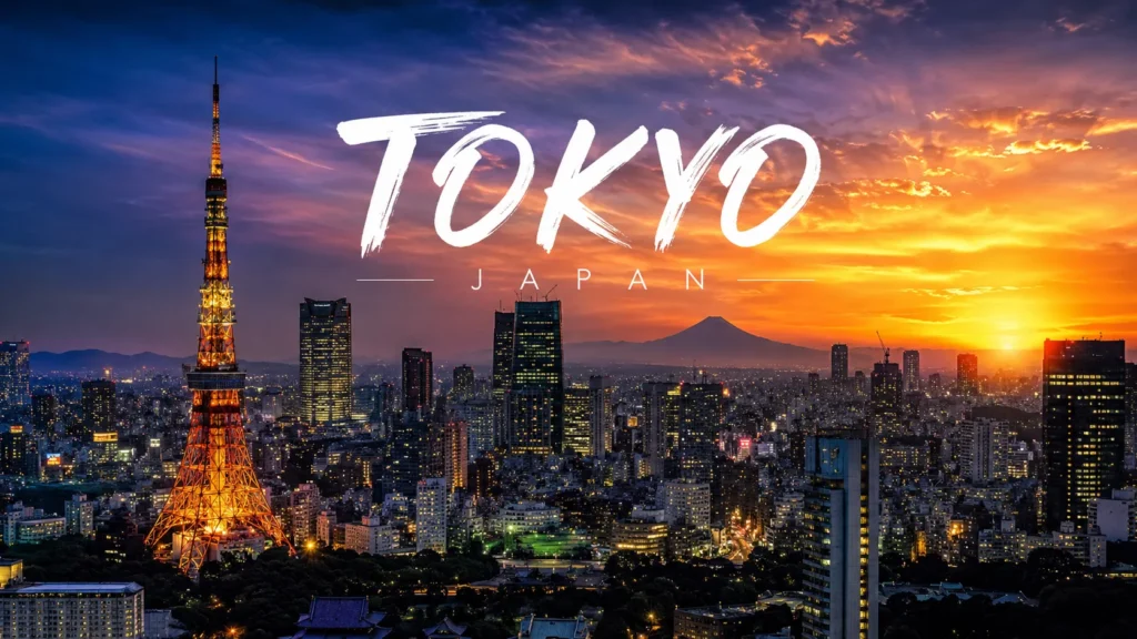 Tokyo skyline at sunset with Tokyo Tower, Mount Fuji, glowing city lights, and bold Tokyo Japan text.