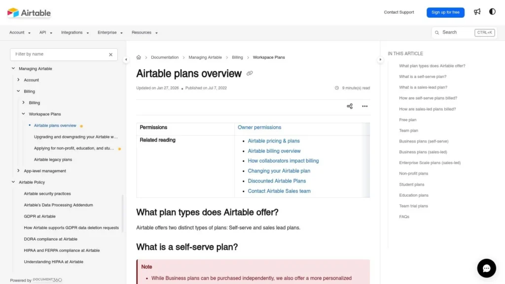 Airtable documentation page titled “Airtable plans overview” showing billing and workspace plans information, navigation sidebar, and details about self-serve and sales-led pricing plans.