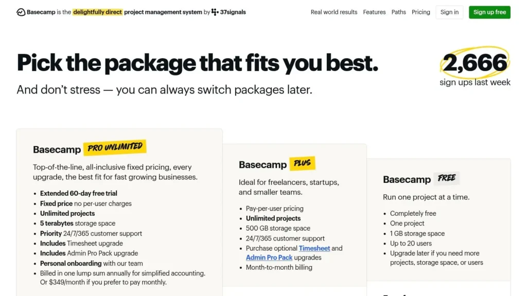Basecamp pricing page showing Pro Unlimited, Plus, and Free plans with feature comparisons, storage limits, and fixed or per-user pricing options.