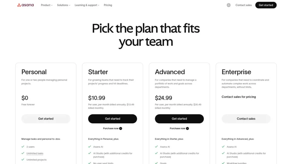 Asana pricing page showing Personal, Starter, Advanced, and Enterprise plans with monthly and annual pricing options and feature comparisons.