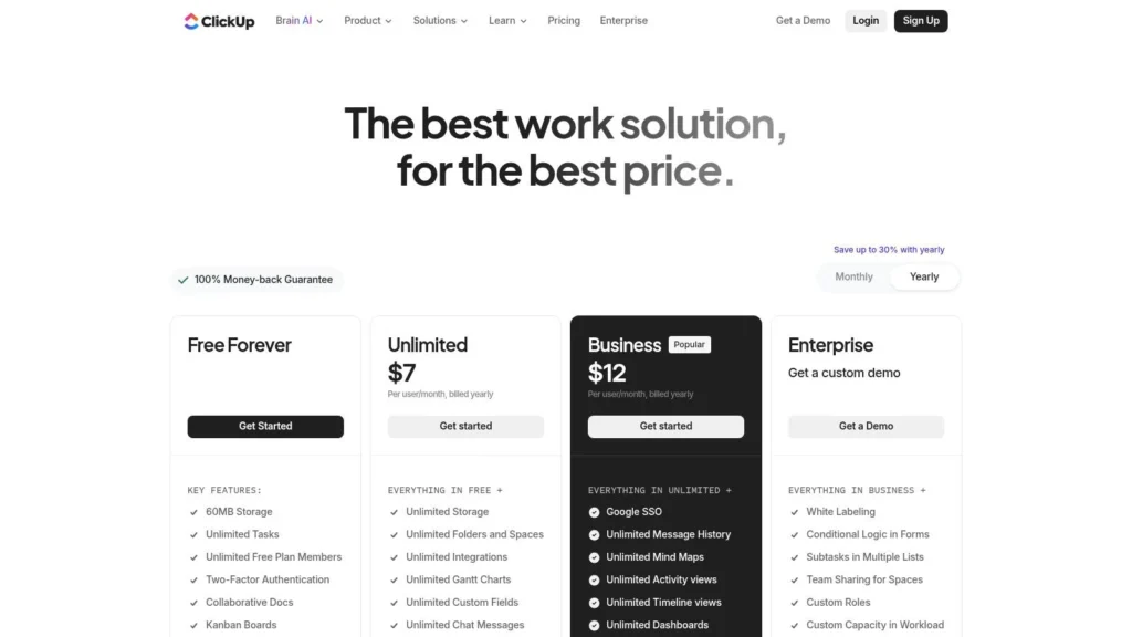 ClickUp pricing page showing Free Forever, Unlimited, Business, and Enterprise plans with monthly and yearly billing options and feature comparisons.
