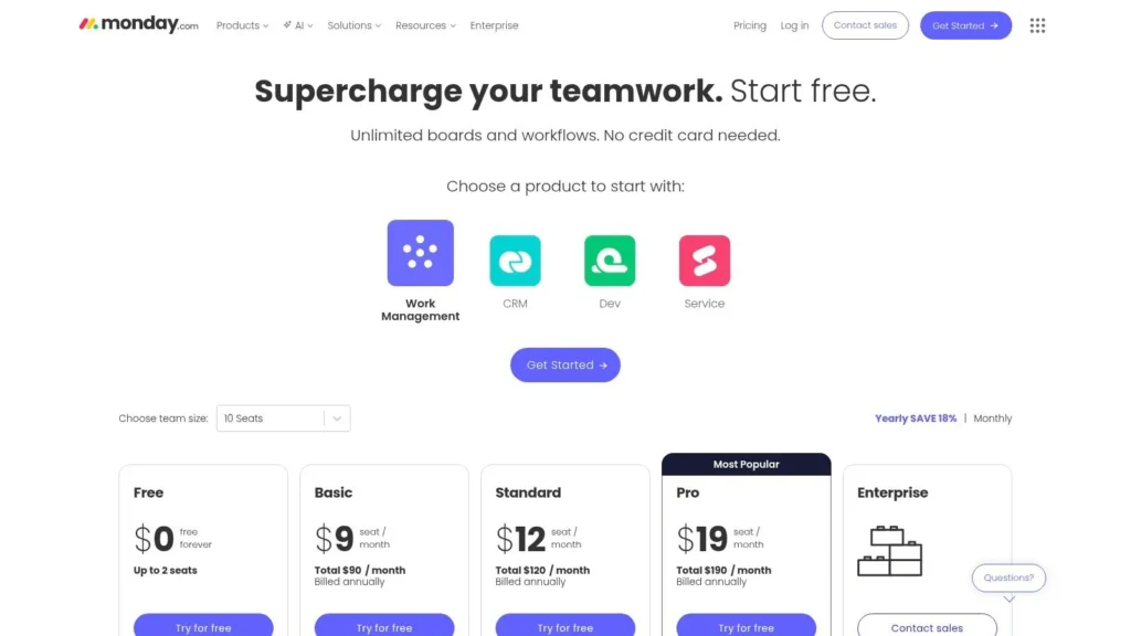 Monday.com pricing page displaying work management, CRM, dev, and service products with free, basic, standard, pro, and enterprise subscription plans.