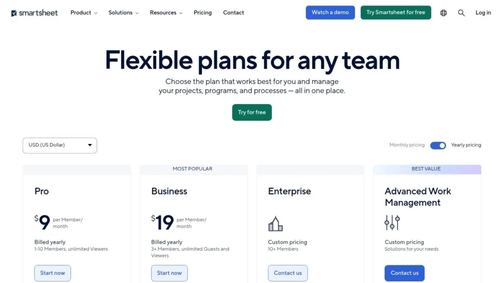 Smartsheet pricing page showing Pro, Business, Enterprise, and Advanced Work Management plans with per-member monthly pricing, yearly billing options, and feature comparisons for project management software.