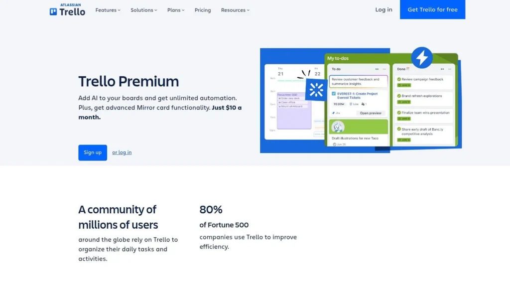 Trello Premium webpage showcasing AI-powered boards, automation features, pricing at $10 per month, and task management interface with to-do lists and completed cards.
