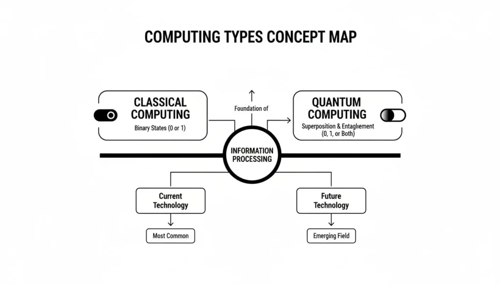 Quantum Computing Explained Simply for Beginners Concept map titled “Computing Types Concept Map” comparing classical computing (binary states 0 or 1) and quantum computing (superposition and entanglement 0, 1, or both) under information processing, highlighting current technology versus future emerging technology.