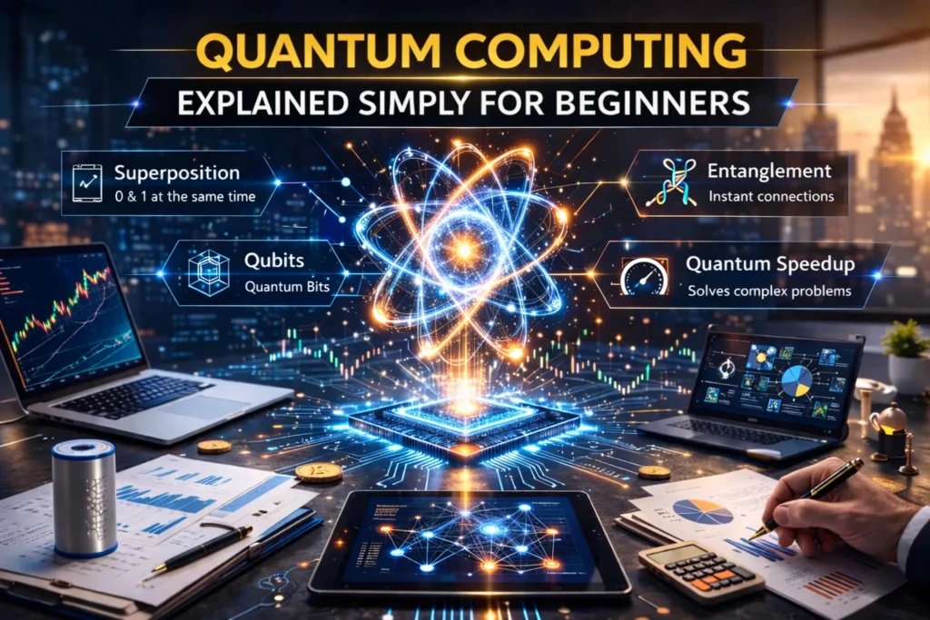 Futuristic infographic titled “Quantum Computing Explained Simply for Beginners” featuring a glowing quantum chip and atom symbol surrounded by labeled concepts such as superposition, qubits, entanglement, and quantum speedup, with laptops and financial charts on a high-tech workspace background.