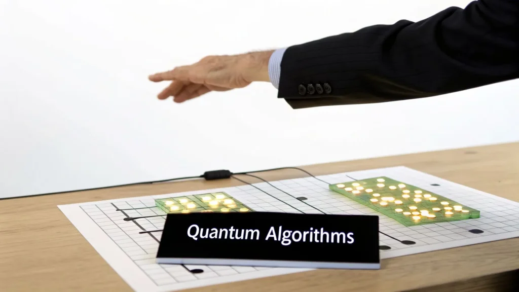 Quantum Computing Explained Simply for Beginners Business professional pointing at illuminated grid boards labeled “Quantum Algorithms,” illustrating quantum computing concepts and algorithm visualization on a tabletop display.
