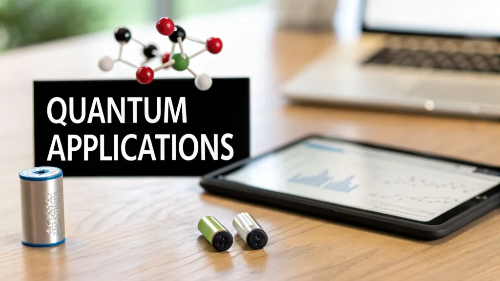 Quantum Computing Explained Simply for Beginners Desk scene with a sign reading “Quantum Applications,” a molecular model, small cylindrical components, and a tablet displaying data charts, representing practical uses of quantum computing technology.