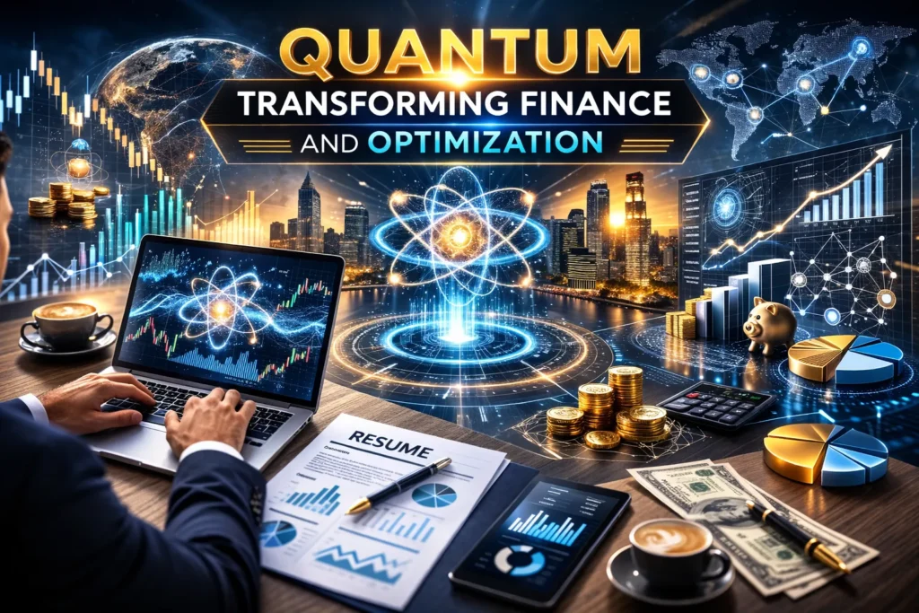 Quantum Computing Explained Simply for Beginners Futuristic banner titled “Quantum Transforming Finance and Optimization” featuring a glowing quantum atom above a digital chip, financial charts, world map graphics, coins, calculator, and laptop screens in a high-tech finance workspace.