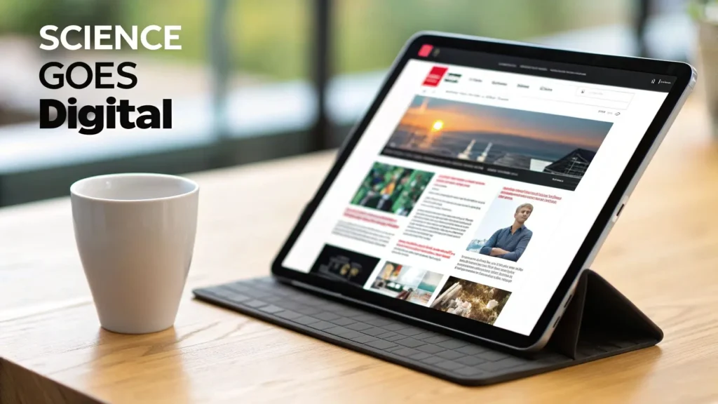 Tablet displaying an online science and technology magazine on a desk next to a coffee cup, with the text “Science Goes Digital,” illustrating digital publishing and e-learning.