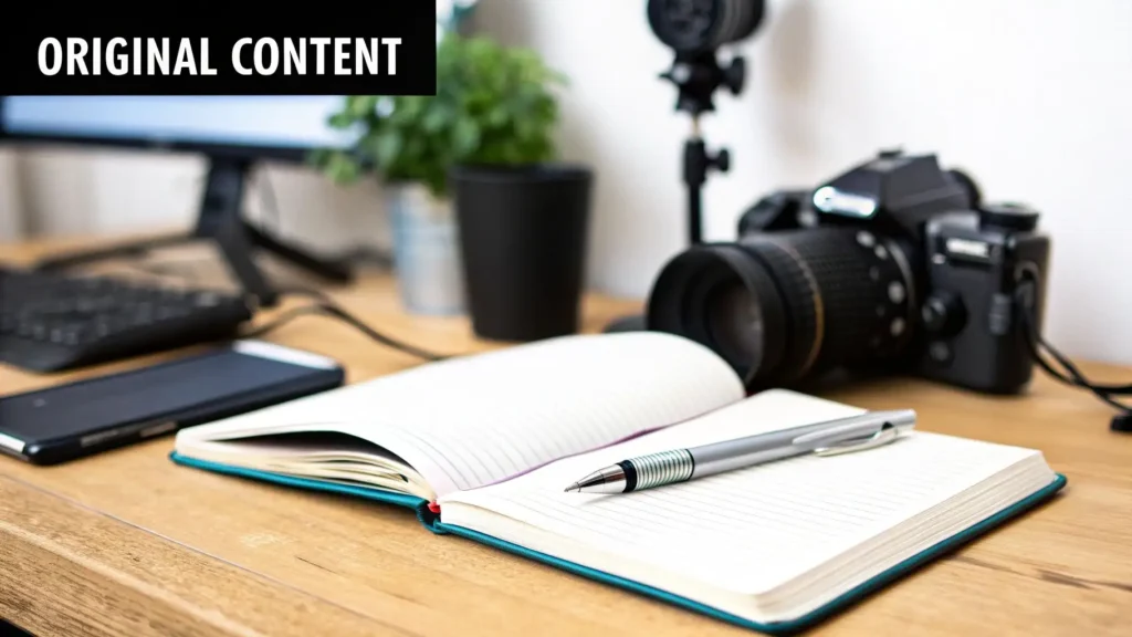 10 Actionable SEO Tips for Beginners to Boost Rankings in 2026 Creative workspace with a notebook, pen, camera, and computer, featuring the text “Original Content,” symbolizing content creation, photography, blogging, and SEO-focused original writing.