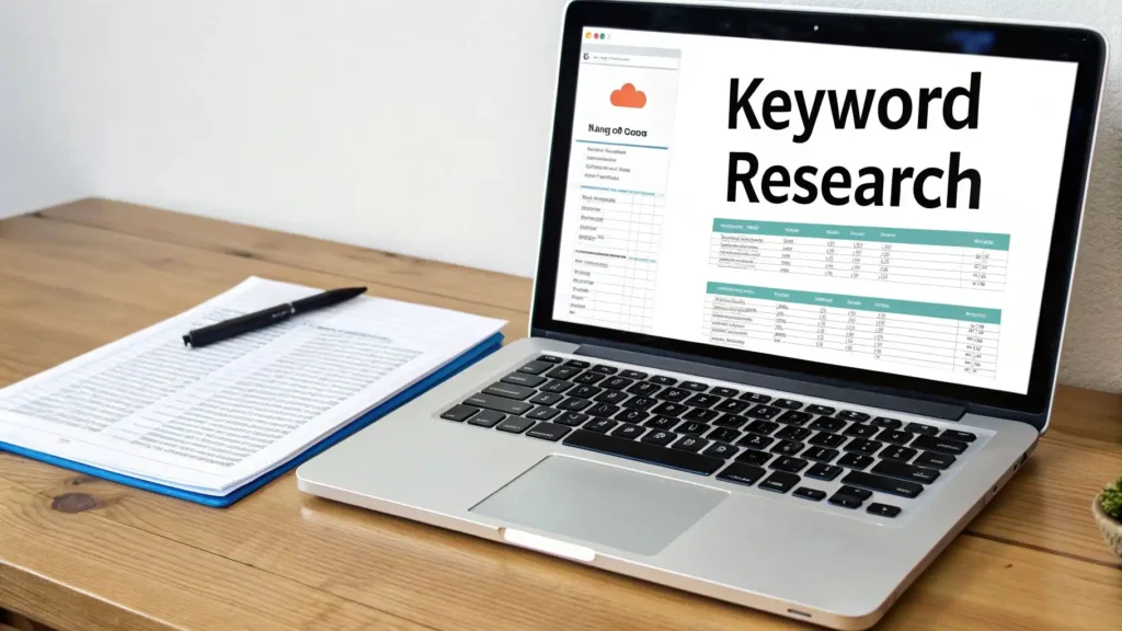 10 Actionable SEO Tips for Beginners to Boost Rankings in 2026 Laptop displaying “Keyword Research” with data tables on screen, alongside documents and a pen on a desk, illustrating SEO keyword research, content planning, and digital marketing analysis.