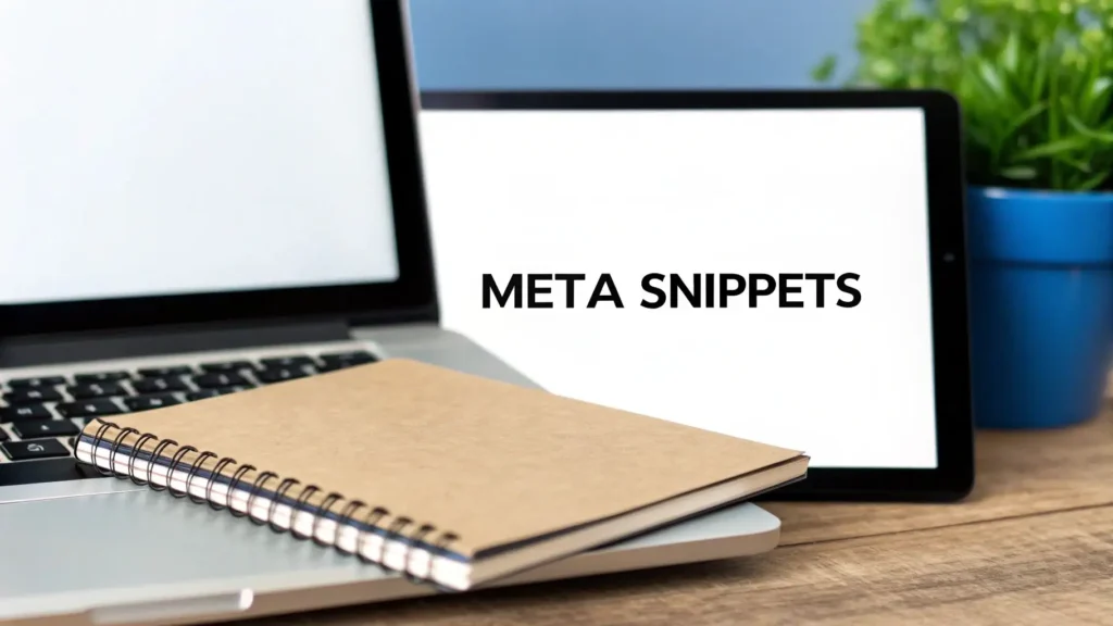 10 Actionable SEO Tips for Beginners to Boost Rankings in 2026 Laptop and tablet on a desk with a notebook and the text “Meta Snippets,” representing SEO meta descriptions, search result snippets, and on-page optimization strategies.