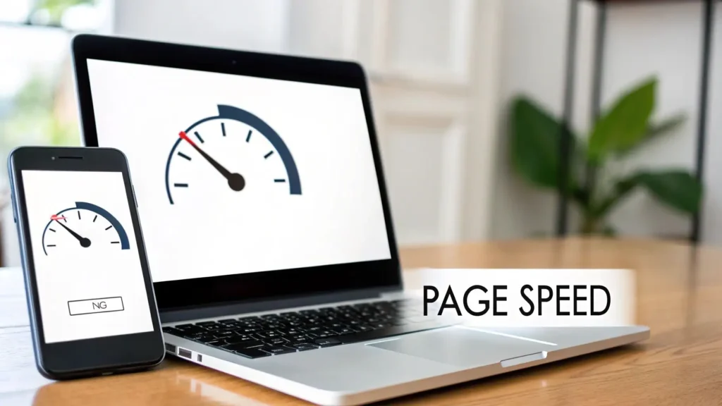 10 Actionable SEO Tips for Beginners to Boost Rankings in 2026 Laptop and smartphone displaying speed gauge icons with the text “Page Speed,” illustrating website performance, fast loading times, mobile optimization, and SEO page speed improvements.