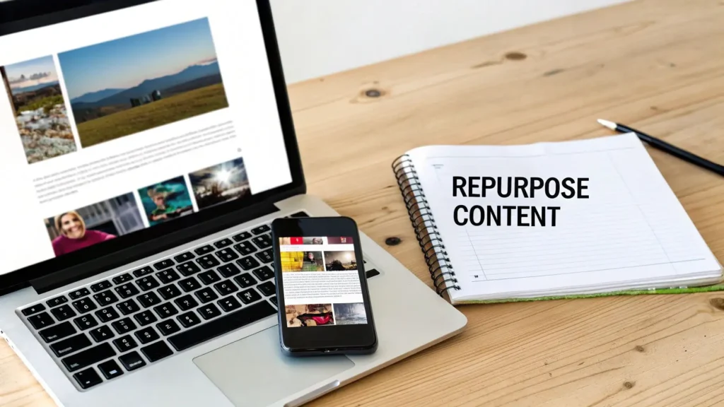 Laptop and smartphone displaying online articles next to a notebook labeled “Repurpose Content,” illustrating content marketing and content repurposing strategy.