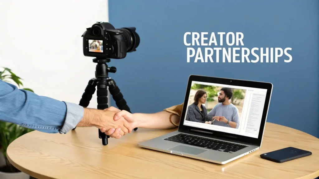 Two people shaking hands beside a camera on a tripod and a laptop displaying a video call, illustrating creator partnerships and influencer collaboration for social media marketing.