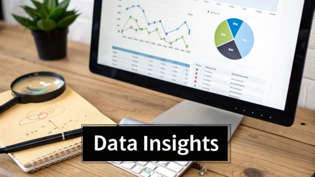 Desktop computer displaying analytics dashboards with line and pie charts, alongside a notebook, pen, and magnifying glass, illustrating data insights and performance analysis.