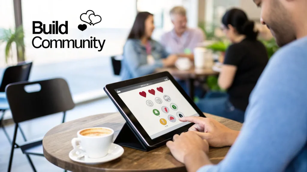 Person using a tablet with social media icons and heart reactions on screen in a café, with a group talking in the background, illustrating building an online community.