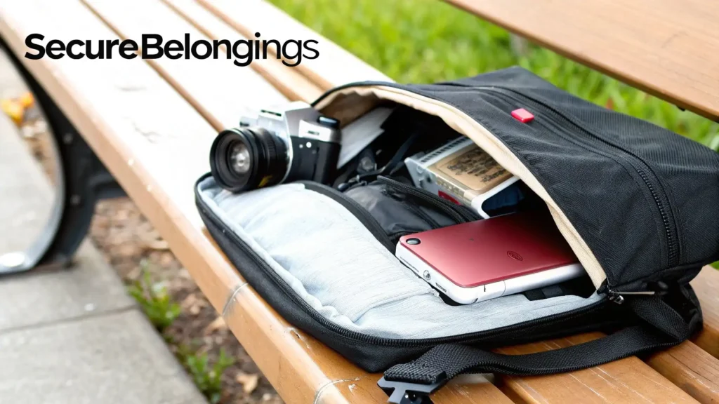 Open backpack on a park bench showing a camera, laptop, and travel essentials, with the text “Secure Belongings” displayed in the corner.