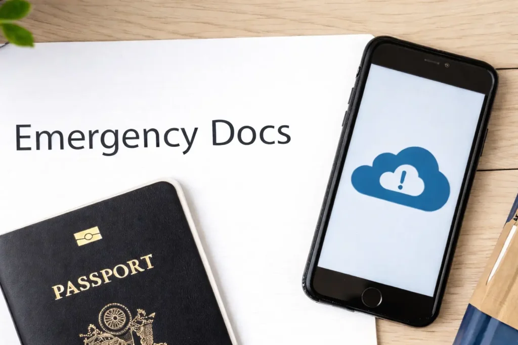 U.S. passport placed on a document labeled “Emergency Docs” next to a smartphone displaying a cloud backup icon on a wooden desk.