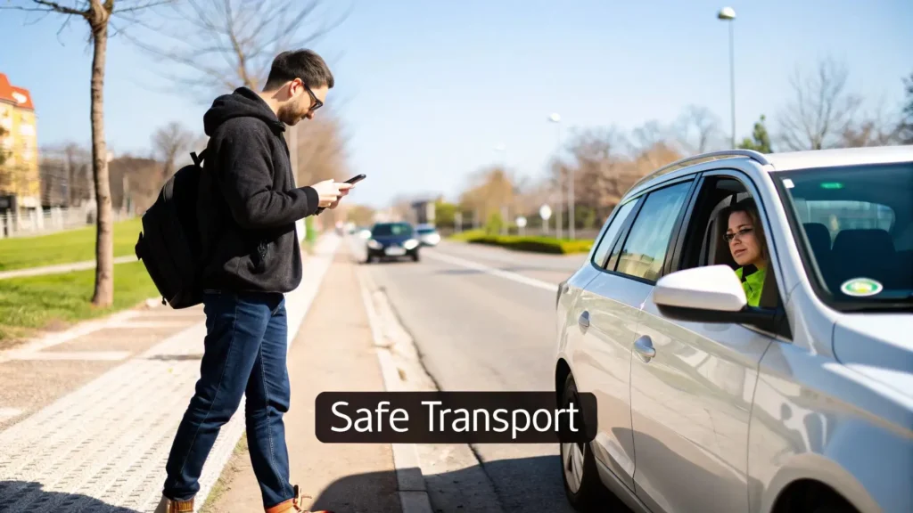 Man with a backpack checking his smartphone while standing on a roadside next to a car with a female driver, with the text “Safe Transport” displayed on the image.
