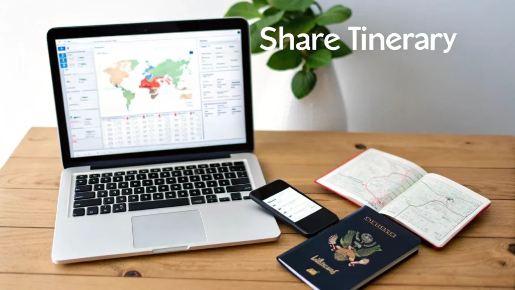 Laptop displaying a world map itinerary planner next to a smartphone, U.S. passport, and open travel notebook on a wooden desk with the text “Share Itinerary” in the corner.