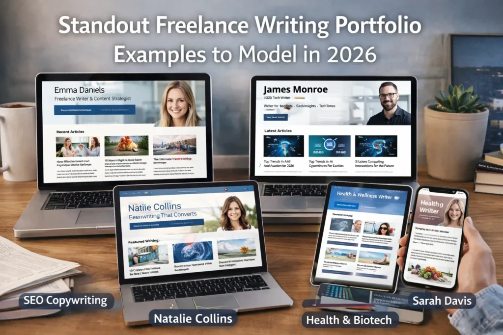 Realistic cover image titled “Standout Freelance Writing Portfolio Examples to Model in 2026” showing multiple laptops, a tablet, and a smartphone displaying professional freelance writer portfolio websites with headshots, article previews, and niche specialties such as SEO copywriting and health writing.