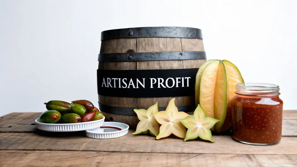 Top 10 Essential Stardew Valley Tips for 2026 Artisan profit concept with wooden barrel labeled artisan profit, fresh starfruit, melon, pickled vegetables, and jar of homemade jam on rustic table, representing artisan products and farm income strategy.