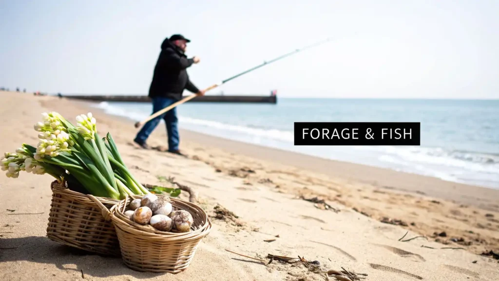 Top 10 Essential Stardew Valley Tips for 2026 Forage and fish concept image showing basket of freshly foraged vegetables and mushrooms on a sandy beach with a man fishing by the sea in the background, representing fishing and foraging lifestyle tips.