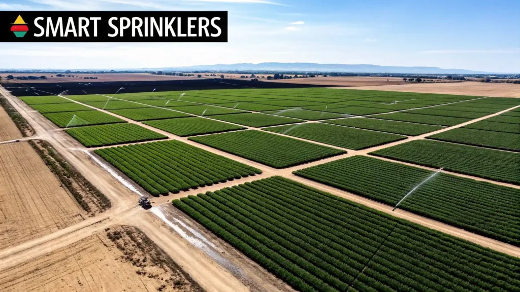 Top 10 Essential Stardew Valley Tips for 2026 Smart sprinklers irrigating large agricultural fields from an aerial view, showcasing automated irrigation system technology for efficient crop watering and modern precision farming.