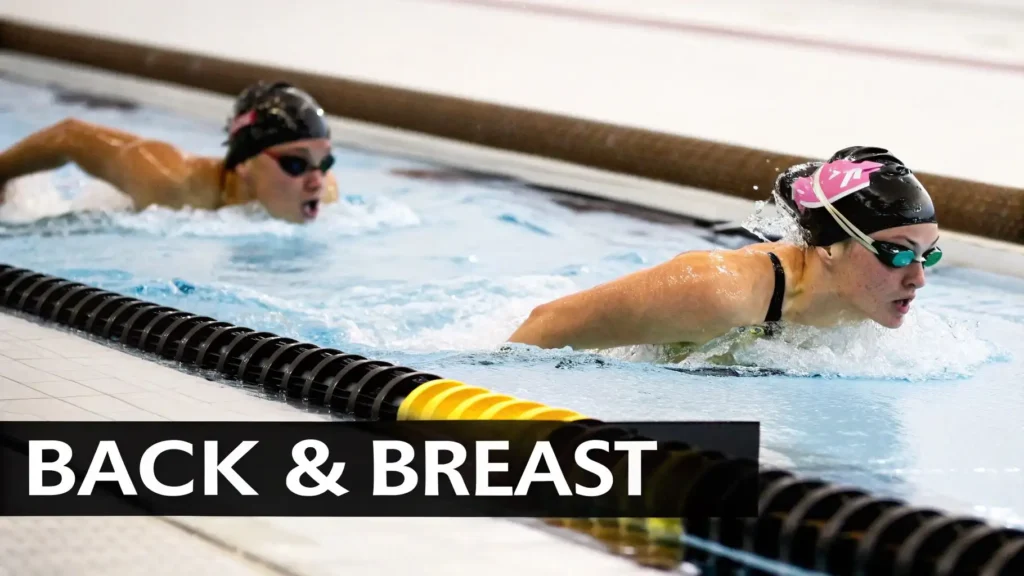 Competitive swimmers performing backstroke and breaststroke in an indoor pool, demonstrating swimming techniques, stroke form, and lap training.