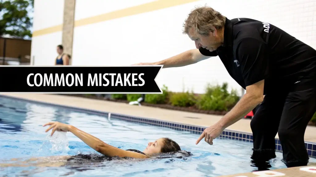 Swimming instructor correcting a beginner’s technique in a pool with the text “Common Mistakes,” illustrating swimming lessons, coaching tips, and proper stroke form for beginners.