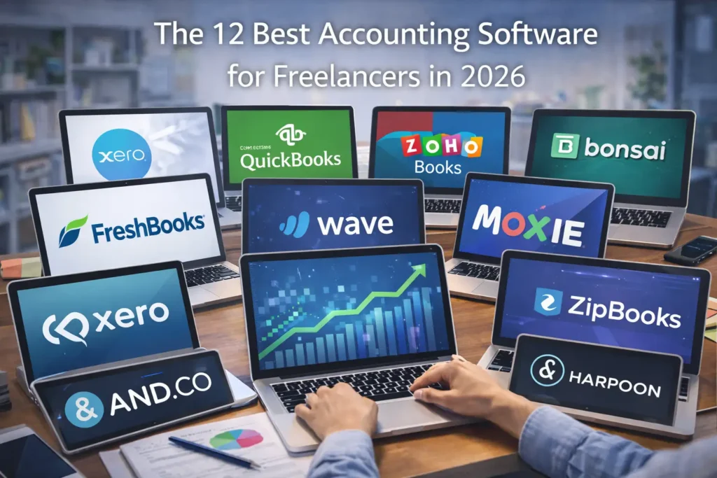 Realistic cover image titled “The 12 Best Accounting Software for Freelancers in 2026” showing multiple laptops on a desk displaying various accounting software dashboards and logos, with a central screen featuring a financial growth chart to represent bookkeeping and expense tracking tools.