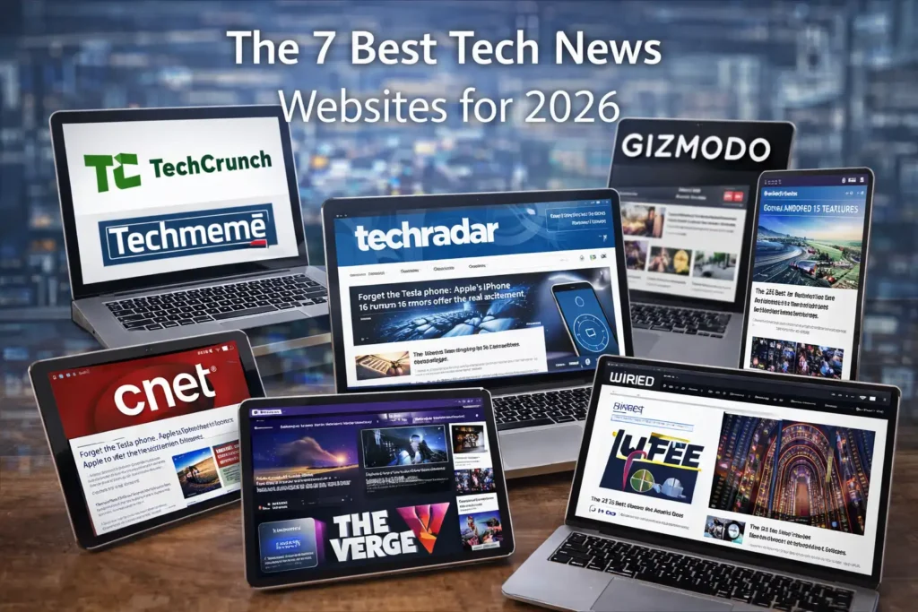 Stay Informed: The 7 Best Tech News Websites for 2026 Realistic cover image titled “The 7 Best Tech News Websites for 2026” showing multiple laptops and tablets displaying popular technology news sites on their screens, set against a modern city backdrop to represent digital media and tech reporting.