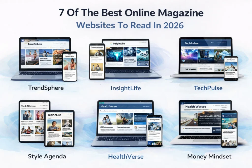 Infographic titled “7 Of The Best Online Magazine Websites To Read In 2026” featuring imaginary digital magazines displayed on laptops, tablets, and smartphones, including TrendSphere, InsightLife, TechPulse, Style Agenda, HealthVerse, and Money Mindset, arranged in a clean grid layout against a soft blue background.