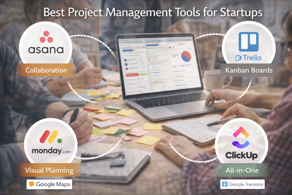 Realistic cover image titled “Best Project Management Tools for Startups” showing a team collaborating around a laptop with sticky notes and notebooks, highlighting popular tools for startups with features such as collaboration, Kanban boards, visual planning, and all-in-one task management.